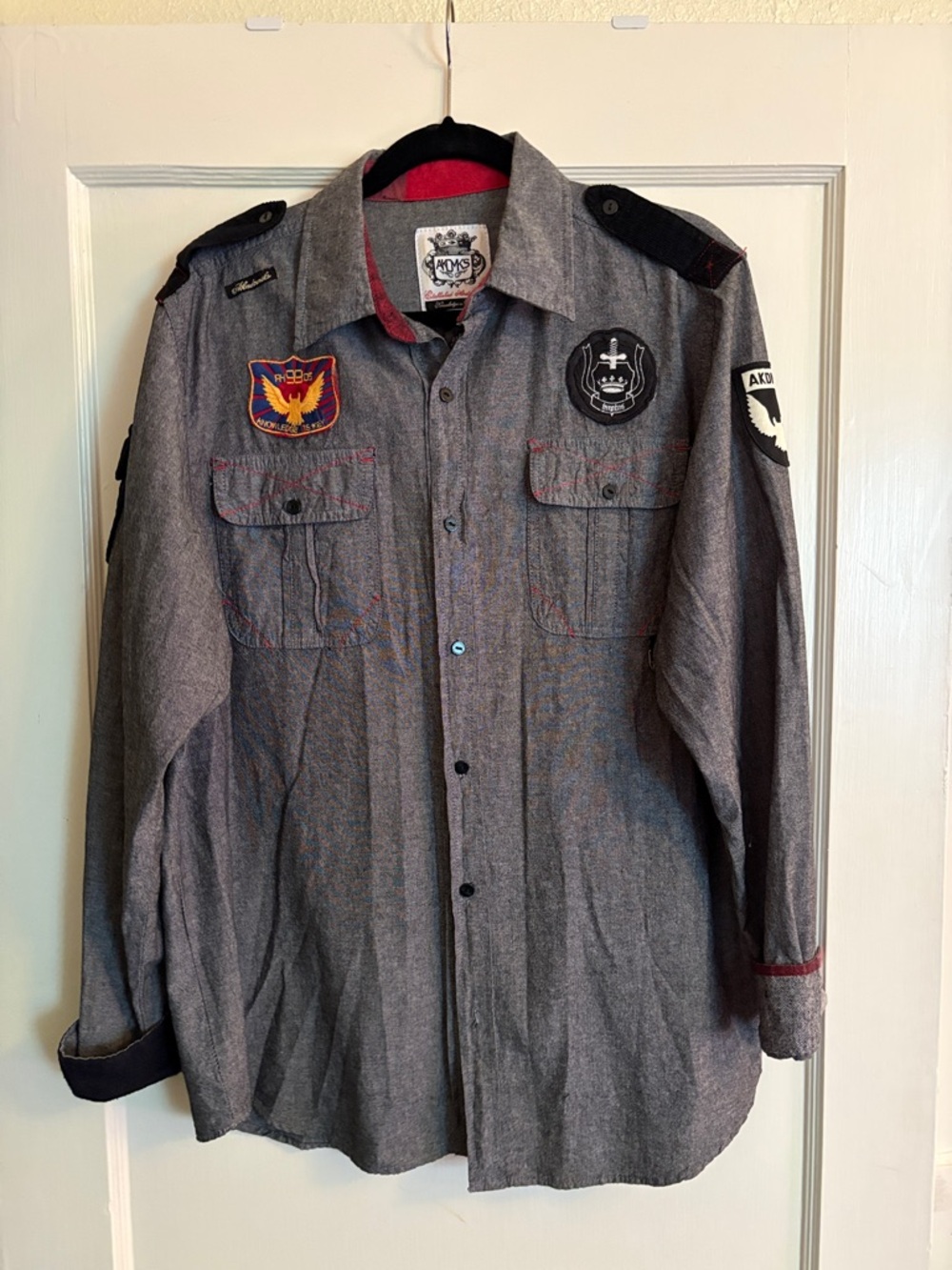 Men's Gray Military Patch Button-Up Shirt